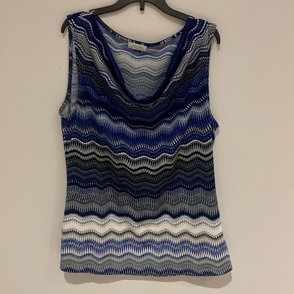 Blue, gray, and white top